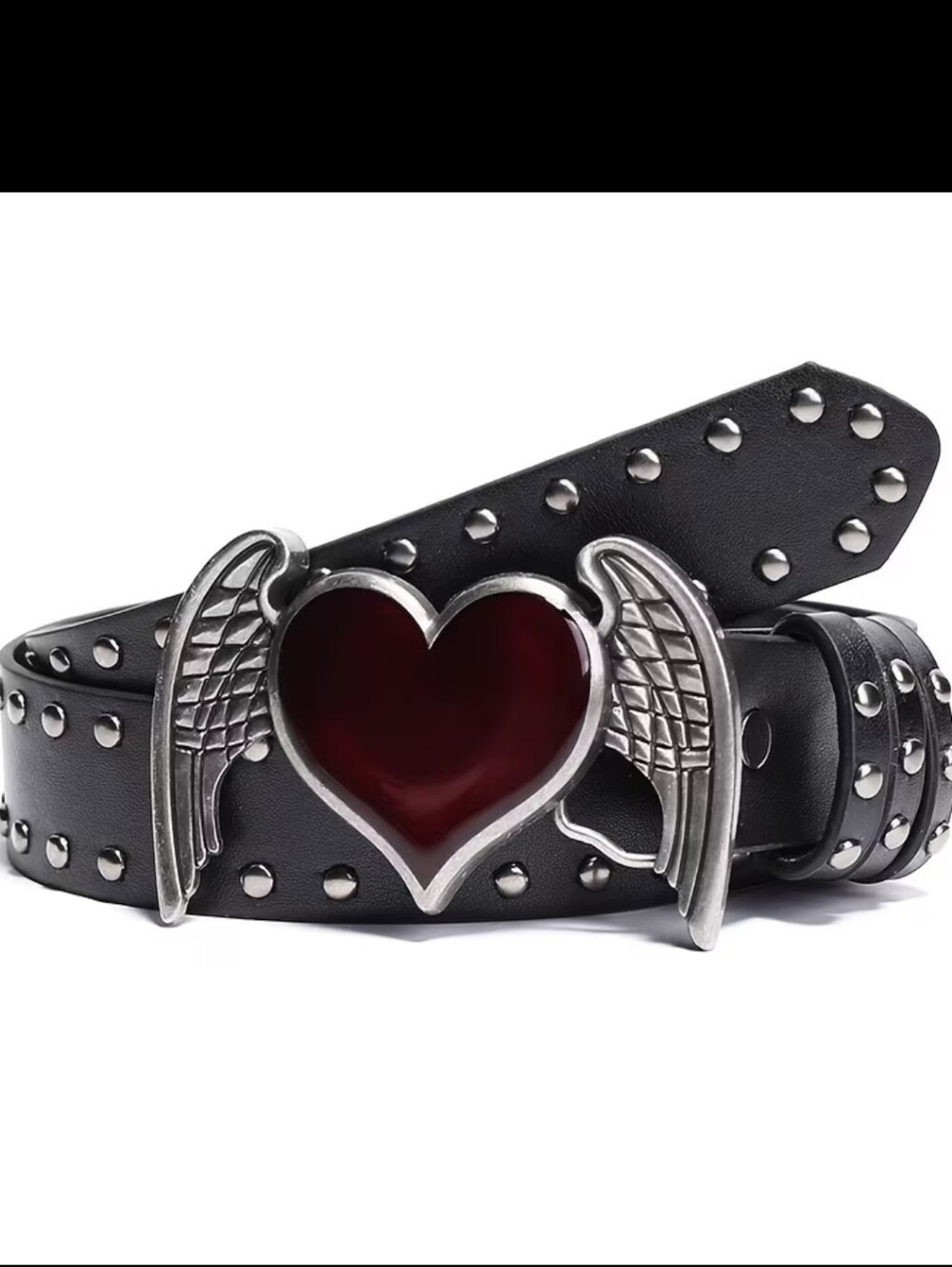 Black Leather Belt with Winged Deep Red Heart Buckle